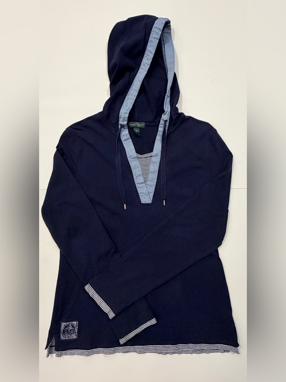 Ralph Lauren Layered Look Hooded Top Chambray Trim Navy M